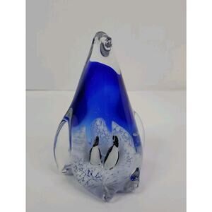 Art Glass Penguin with Two Penguins inside Cobalt Blue Tall Arctic Paperweight